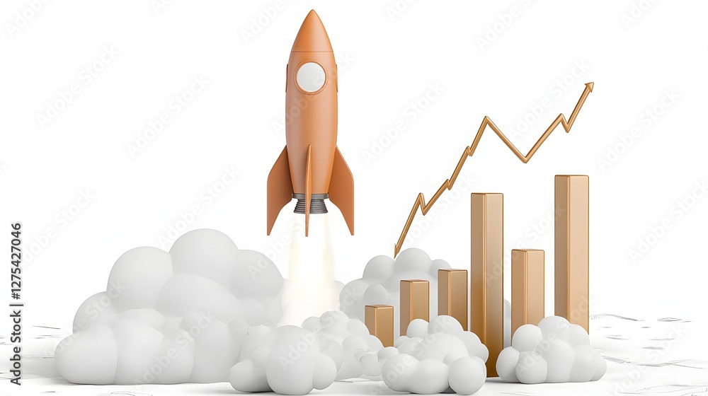 Aufkleber a powerful red rocket ascending into the sky surrounded by puffy white clouds as a financial growth 