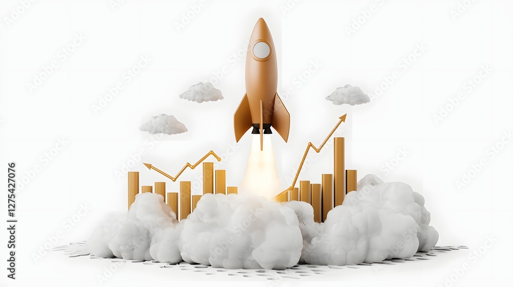 Aufkleber Visually captivating 3D rendered red rocket launching with immense speed pushing through soft white clouds as a rising progress graph follows its trajectory  The scene embodies energy and success