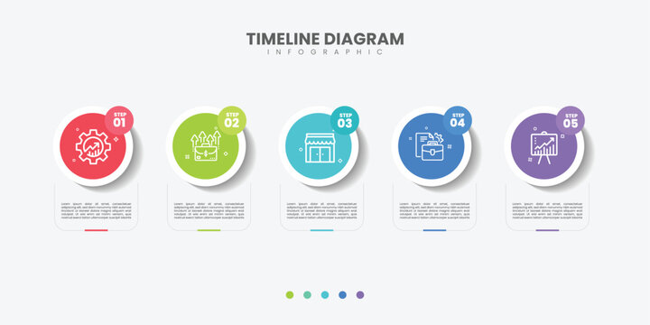 5 Steps Infographics Design Template Pie chart, workflow layout, squire diagram, brochure, report, presentation, web design Editable illustration on white background