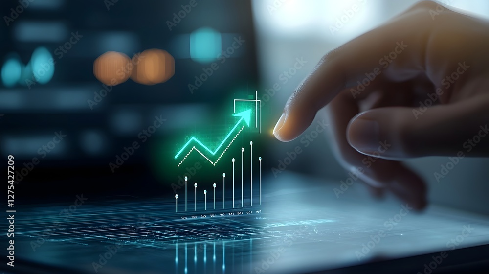 Poster Futuristic business themed image featuring a bright green upward arrow glowing with intensity highlighted by a precise pointing finger  The arrow symbolizes success strategic movement and progress