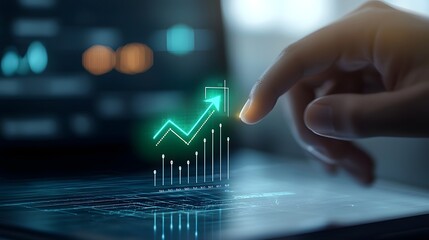 Futuristic business themed image featuring a bright green upward arrow glowing with intensity highlighted by a precise pointing finger  The arrow symbolizes success strategic movement and progress