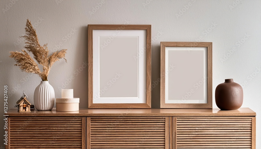 Poster 3d mockup of empty photo frames arranged on a sideboard in a cozy living room, showcasing a minimali