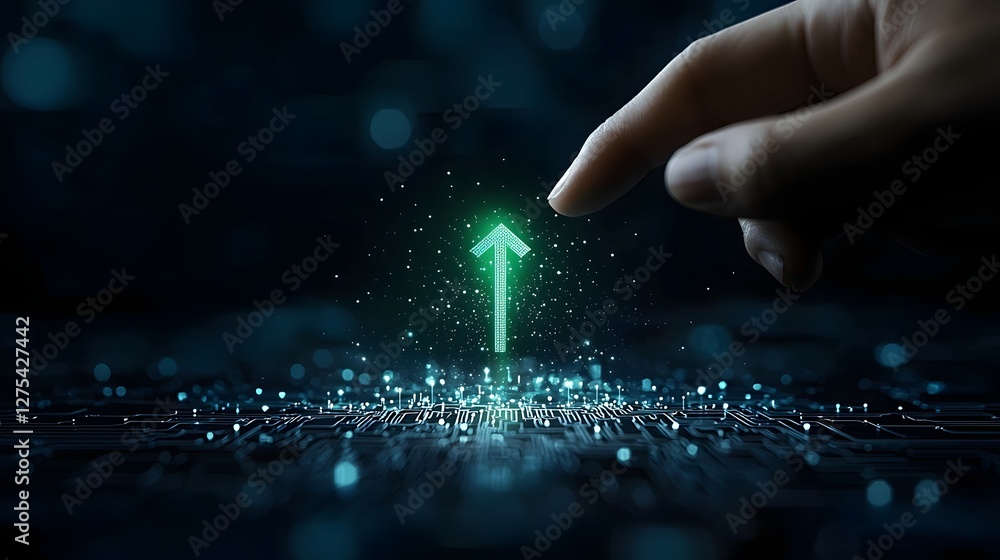 Aufkleber Accelerating Business Growth with Guidance and Innovation A Dynamic Futuristic Depicting a Glowing Green Arrow Soaring Upwards Driven by a Pointing Finger in a Softly Blurred Blue Background