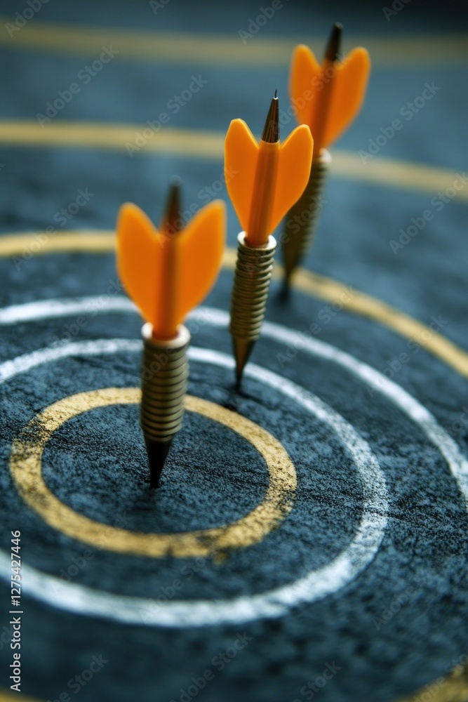 Poster darts on target board with focused background action
