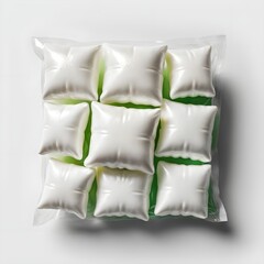 Obraz premium Nine White Pillows in Clear Packaging on Green Background