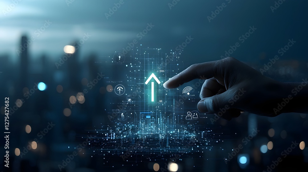 Poster futuristic business visualization featuring a glowing green arrow rising sharply as a finger makes c