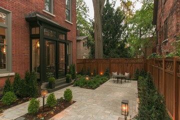 Obraz premium Charming Backyard Patio with Brick House and Wooden Fence