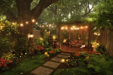 Obraz premium Enchanting Evening in a Lush Garden Oasis Romantic Backyard with String Lights and Pergola