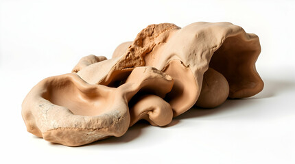 Fototapeta premium A sculpted clay form with organic shapes and textures, presented on a white background, creating a minimalist and artistic composition.