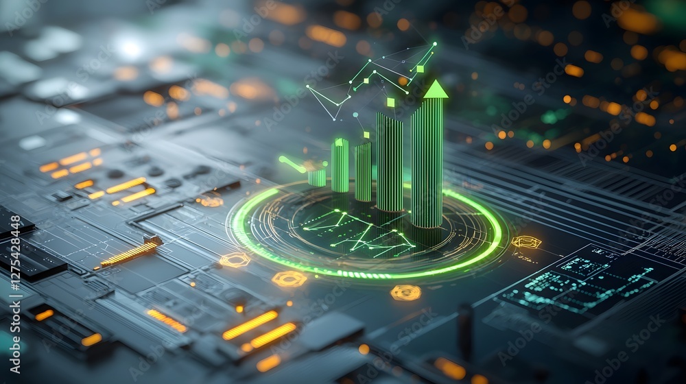 Aufkleber Close up view of a glowing green arrow ascending within a high tech interface connected to a bar chart displaying rising dark blue bars that indicate financial growth and business success