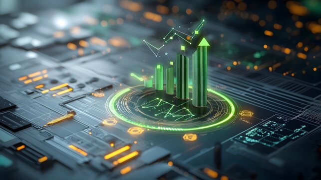 Close up view of a glowing green arrow ascending within a high tech interface connected to a bar chart displaying rising dark blue bars that indicate financial growth and business success