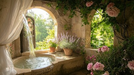 Fototapeta premium Serene Garden Waterfall Bath Luxurious Outdoor Oasis
