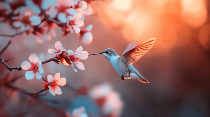 Hummingbird feeding on blossom sunset garden spring