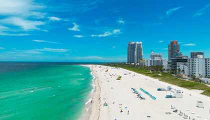 Top view of South Miami. Scenic drone view of Miamis famous coastline. Miami skyline with...