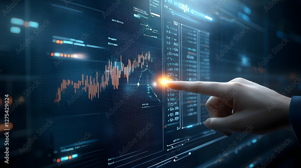 Aufkleber Sleek and Futuristic Investment Visualization Featuring a Hand in a Formal Suit Interacting with a Floating Holographic Financial Chart  The Visualization Includes Three Large Upward Pointing Arrows