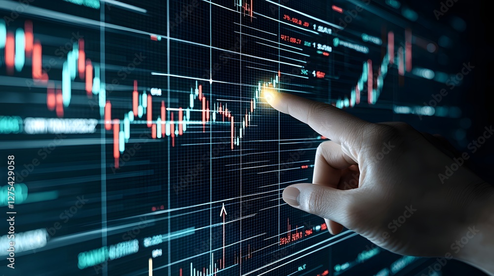 Poster Modern Financial Technology Depicting Interactive Digital Trading Screen with Glowing Fingertip Ascending Arrows and Complex Financial Chart Showing Market Gains
