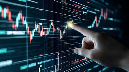 Modern Financial Technology Depicting Interactive Digital Trading Screen with Glowing Fingertip Ascending Arrows and Complex Financial Chart Showing Market Gains