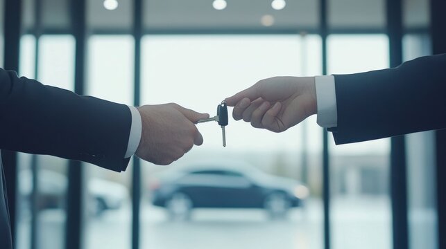 A car dealer handing over keys to a customer inside a modern dealership showroom. Featuring professionalism and trust