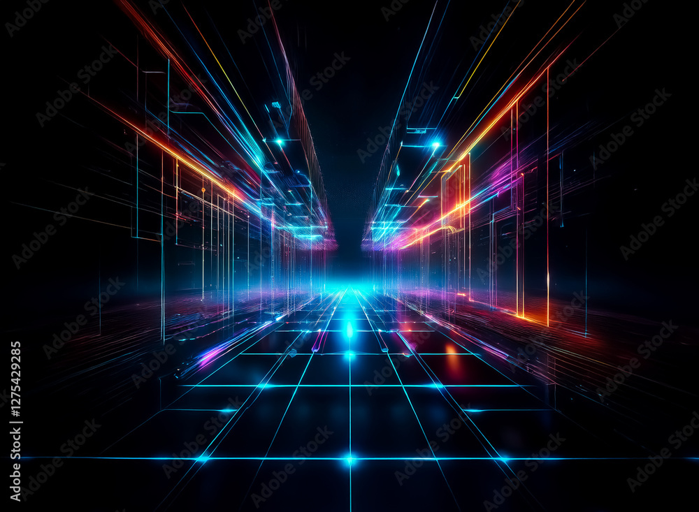 Poster futuristic perspective view with glowing lines in blue, orange, and purple create a tunnel effect. i