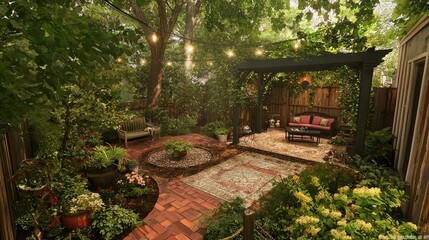 Obraz premium Serene Backyard Oasis Brick Patio, Pergola, and Lush Greenery