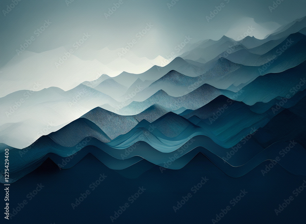 Poster layered blue mountain range with a misty background, creating a serene and calming atmosphere in the