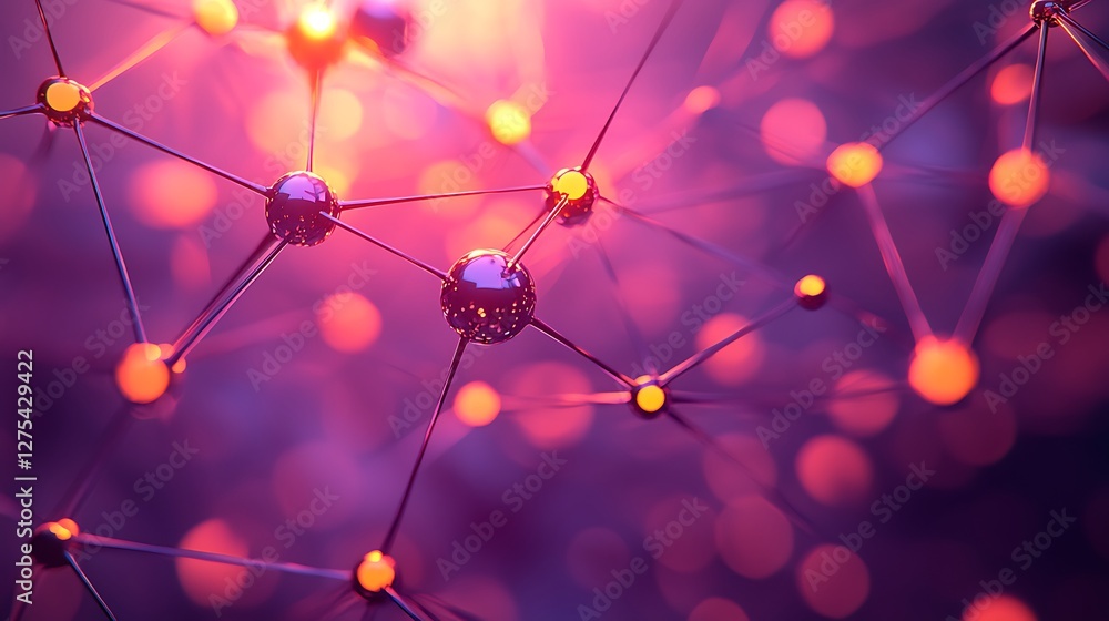 Poster Abstract network of interconnected nodes illuminated in vibrant red and gold colors with bokeh background