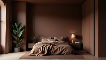 Dark Mocha Mousse Bedroom Interior with Modern Minimalist Design
