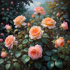Peach Roses in Lush Garden
