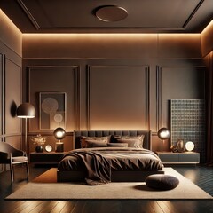 Dark Mocha Mousse Bedroom Interior with Modern Minimalist Design