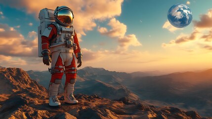 Astronaut on alien landscape at sunrise with planet