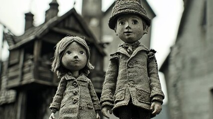 Two unique handcrafted dolls stand in front of a rustic town setting, showcasing intricate details and artistic craftsmanship