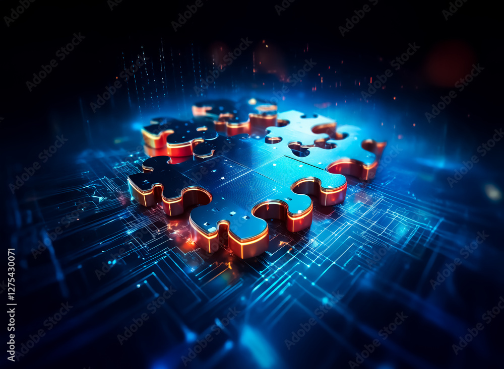 Poster metallic puzzle pieces form a circle with orange glowing edges, placed on a blue circuit board backd