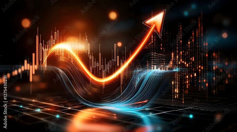 Leinwandbilder futuristic financial technology scene featuring a glowing blue digital arrow composed of interconnec