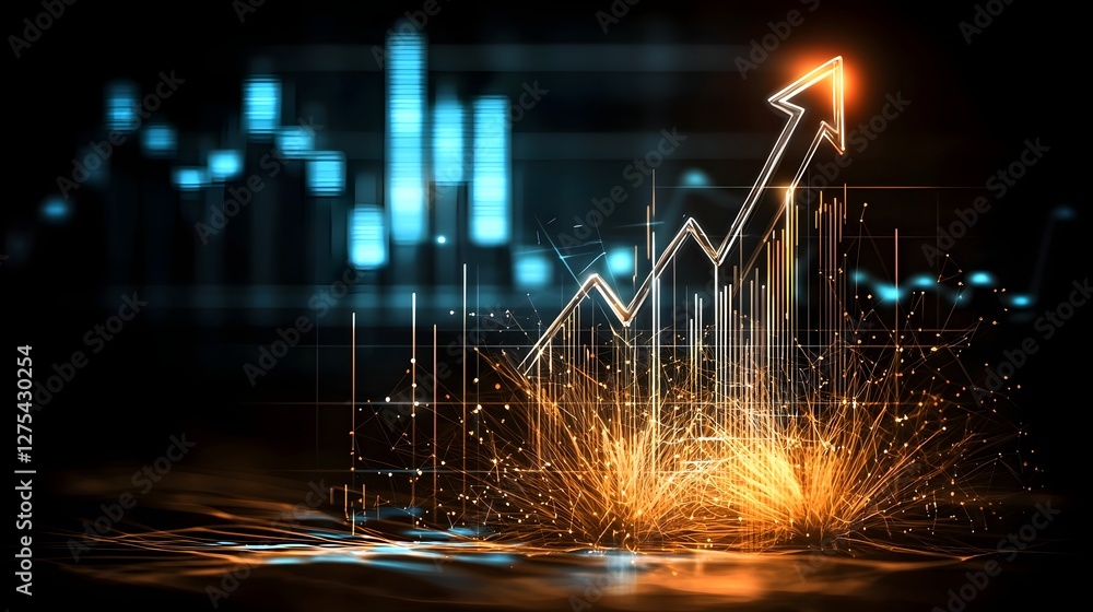 Poster a modern financial growth concept featuring a transparent cyber arrow with interconnected glowing no