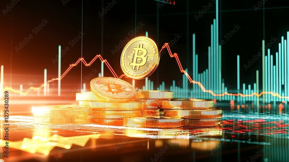 Fototapete Cutting Edge Cryptocurrency with Levitating Bitcoin Coins and Futuristic Blockchain Graph A high tech digital finance visualization featuring floating Bitcoin cryptocurrencies above a sharp upward