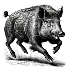 Fototapeta premium Running Wild Boar, Black and White Illustration