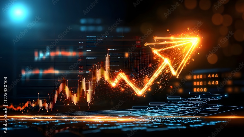 Poster a modern financial growth concept featuring a transparent cyber arrow with interconnected glowing no