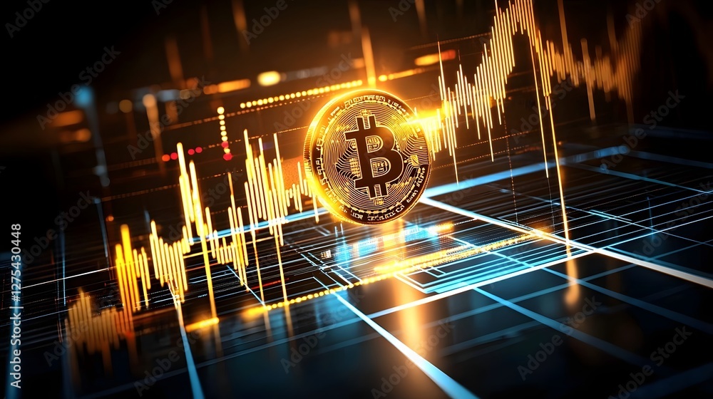 Poster Captivating digital finance featuring a glowing golden Bitcoin coin hovering over a dynamic financial trading chart