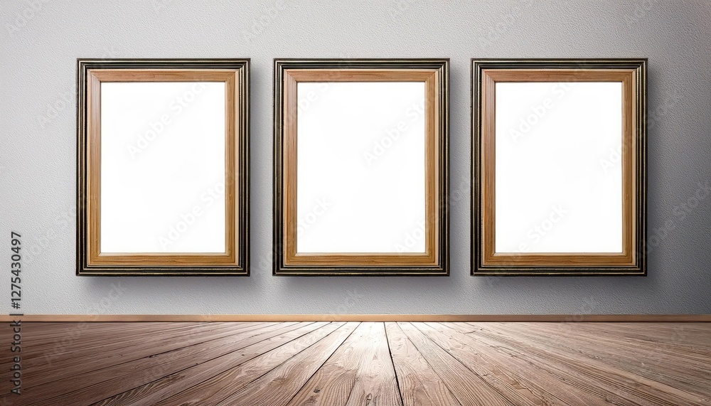 Poster 3D Rendering of Empty White Room with Three Photo Frames at Twilight, Showcasing a Striking Mockup in a Minimalistic yet Elegant Mood.