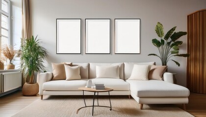 Modern Serenity Striking Empty Frames Echoing the Minimalist Aesthetic of a Contemporary Living Room, Bathed in Warm White and Soft Beige Tones, Inviting Reflection and Inspiration.