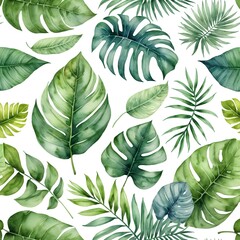 Fototapeta premium Watercolor Tropical Leaves Seamless Pattern