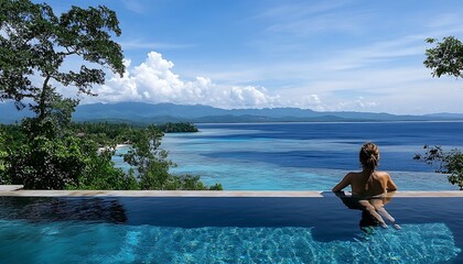 Naklejka premium Woman relaxes in infinity pool, ocean view