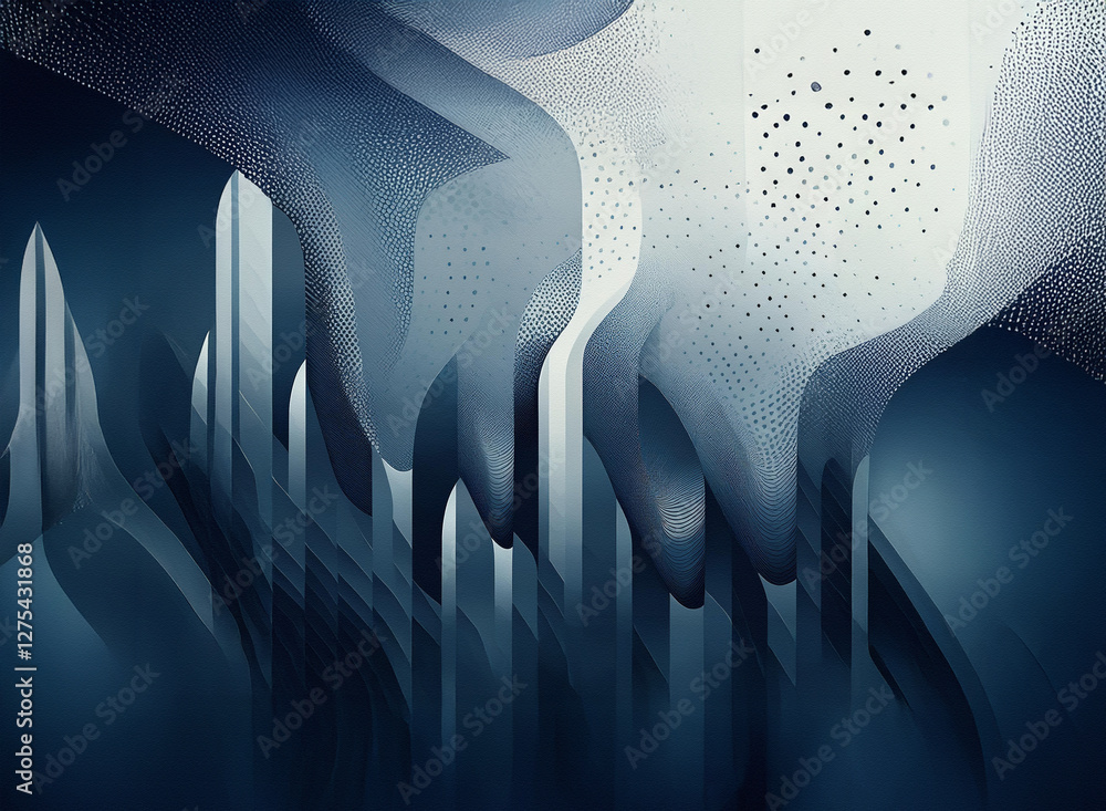 Poster abstract blue shapes dynamically flow above vertical lines, set against a gradient background, creat