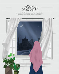 Ramadan Kareem concept. Islamic night scene with hijabi woman gazing at crescent moon and mosque. 