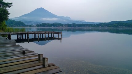 A serene morning at Lake Kawaguchi with a view of Mount Fuji mirrored in the still waters,