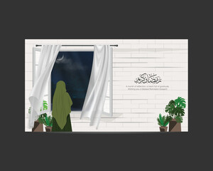Ramadan Kareem banner concept. Islamic night scene with hijabi woman gazing at crescent moon and mosque from the window.