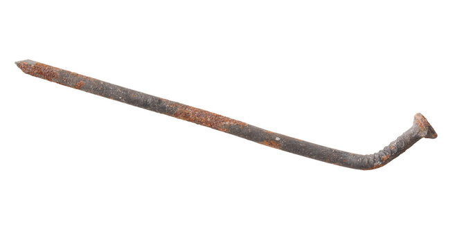A rusty nail is shown on a white background