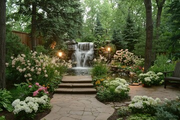 Serene Backyard Oasis with Cascading Waterfall and Stone Patio