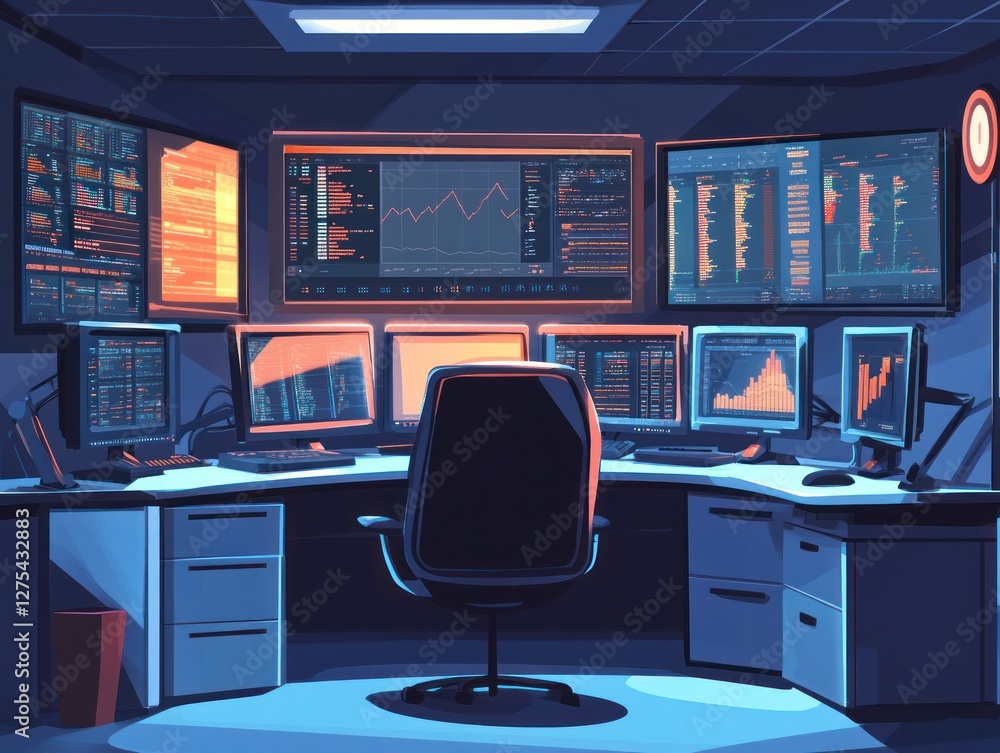 Poster modern trading room with multiple monitors displaying data