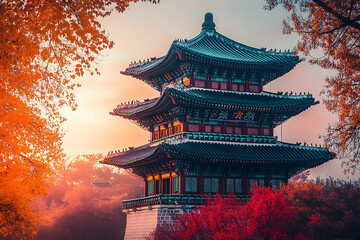 Gyeongbokgung Palace in Autumn, Seoul's timeless beauty at sunset light